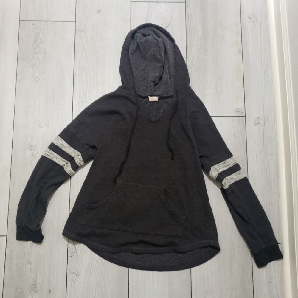 Miss Chievous Medium Gray Arm Stripe Kangaroo Pocket Hoodie Pullover